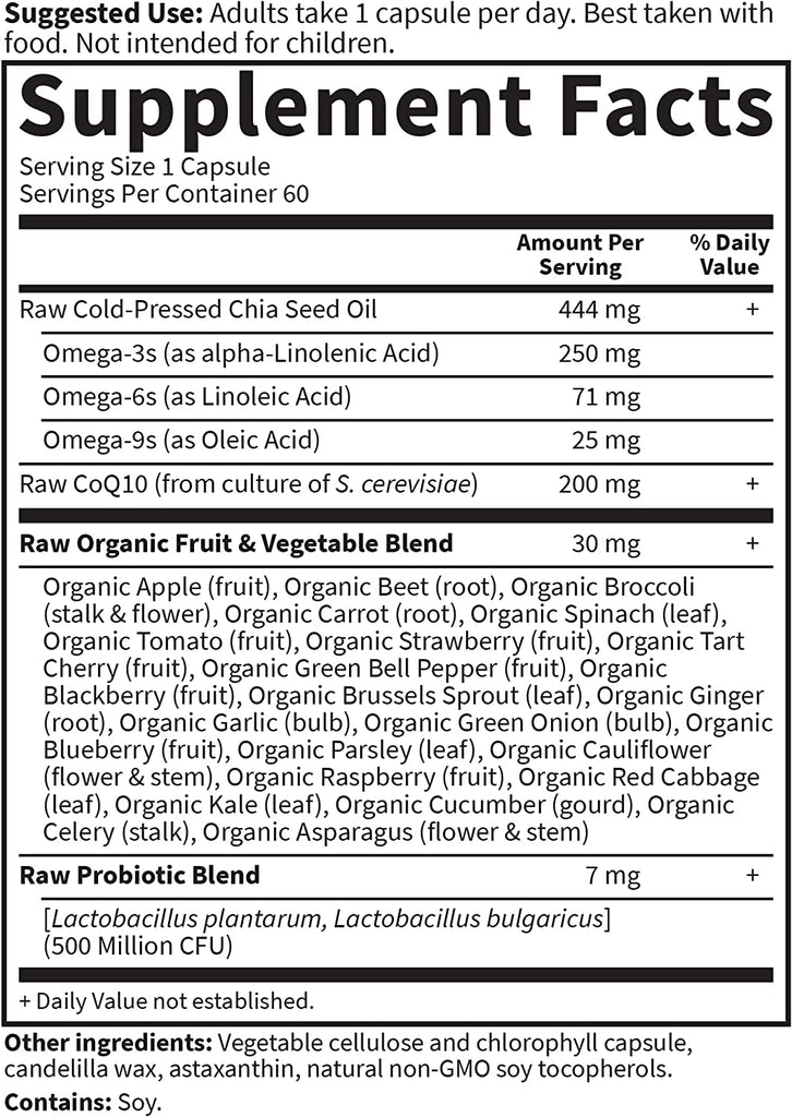Garden of Life Vegetarian Omega 3 6 9 Supplement - Raw Coq10 Chia Seed Oil Whole Food Nutrition with Antioxidant Support, 60 Capsules - Free & Fast Delivery
